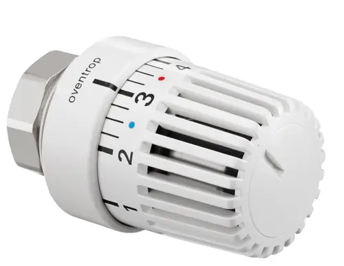 Thermostatventil von Oventrop in Weiß mit Drehregler und Temperaturmarkierungen, geeignet für Heizungsanlagen.